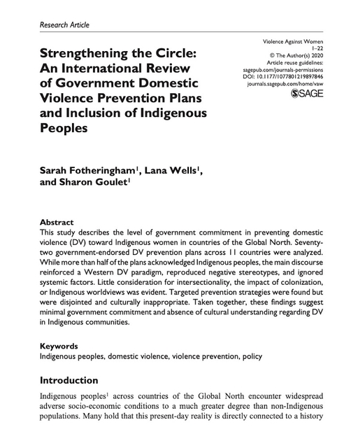 Strengthening the Circle: An International Review of Government Domestic Violence Prevention Plans and Inclusion of Indigenous Peoples