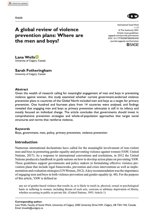 A Global Review of Violence Prevention Plans: Where are the Men and Boys?