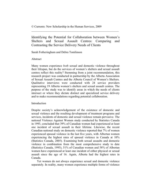 Identifying the Potential for Collaboration Between Women’s Shelters and Sexual Assault Centres: Comparing and Contrasting the Service Delivery Needs of Clients